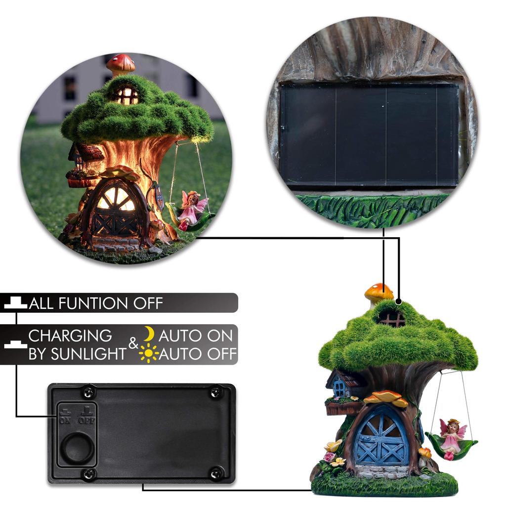 Valery Madelyn Fluffy Fairy House Garden Figurine with Solar Cute Fairytale Garden Outdoor No Batteries Waterproof Ornament, Solar-Powered Light,