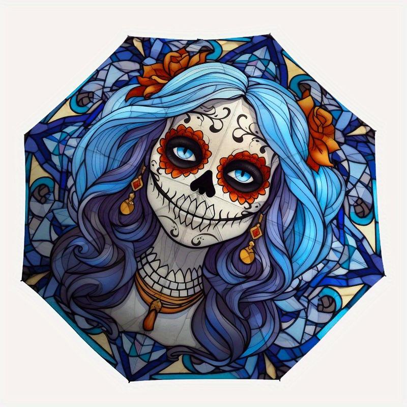 Day of the Dead Sugar Skull Stained Wall ArtUmbrella, Portable 3-Fold Compact Umbrella,Christmas Gift ES666