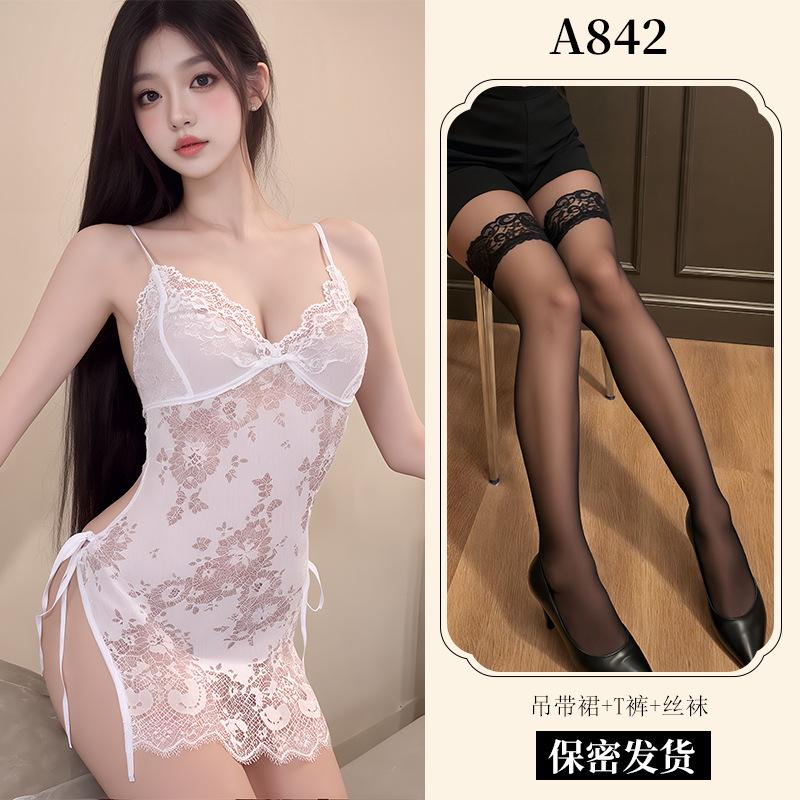 New Sexy Underwear Women's Sexy Lace Suspender Skirt Lace-up Nightdress Uniform Temptation European and American Pajamas A