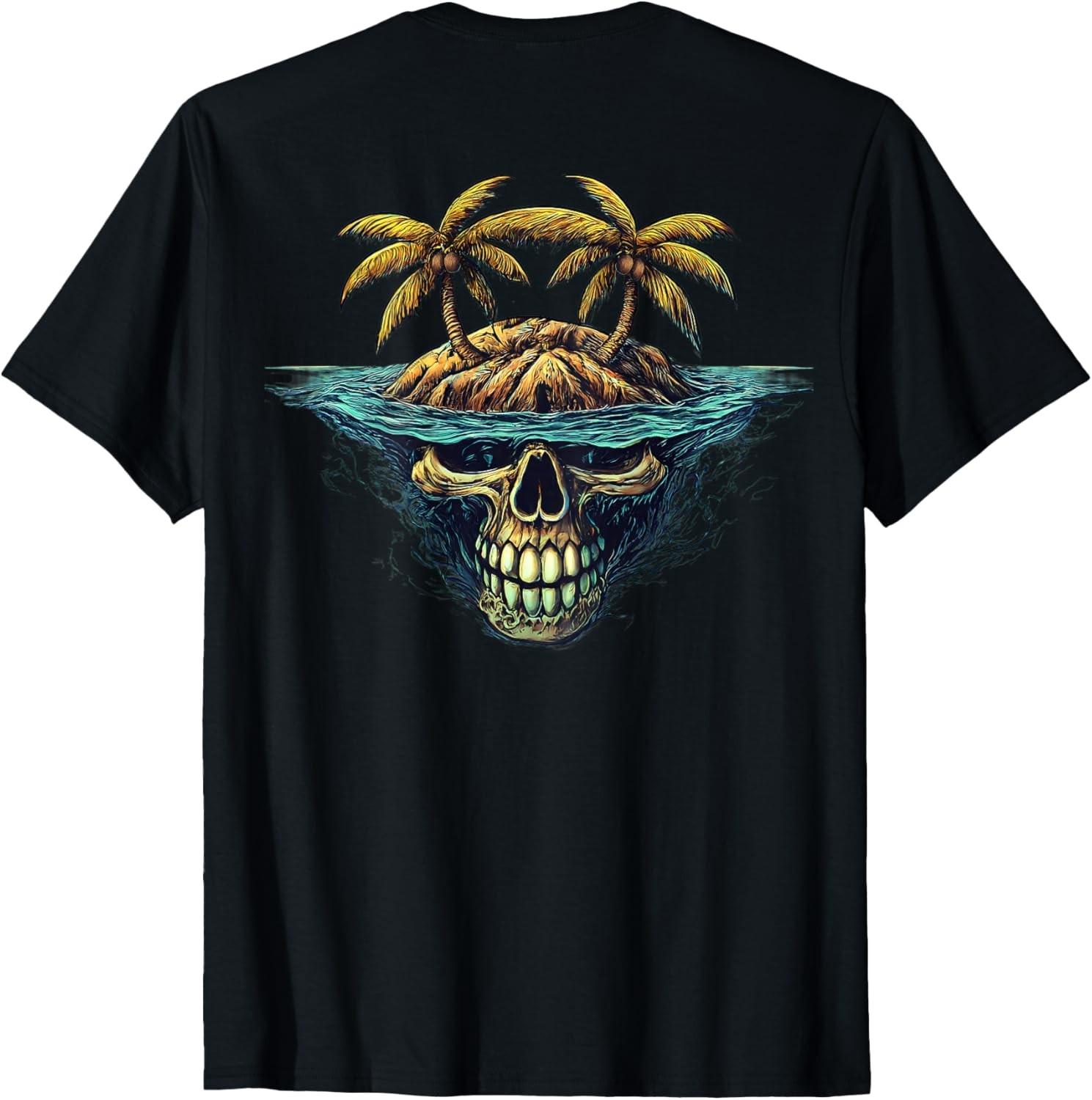 On Back | Cool Island Palm Trees Skull Beach Pirate Nautical T-Shirt S