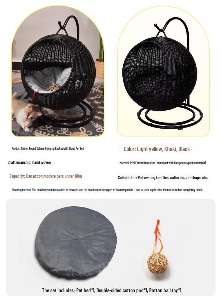 Cozy Rattan Cat Hanging Basket - Washable, Semi-Enclosed, All-Season Cat Bed for Winter Warmth