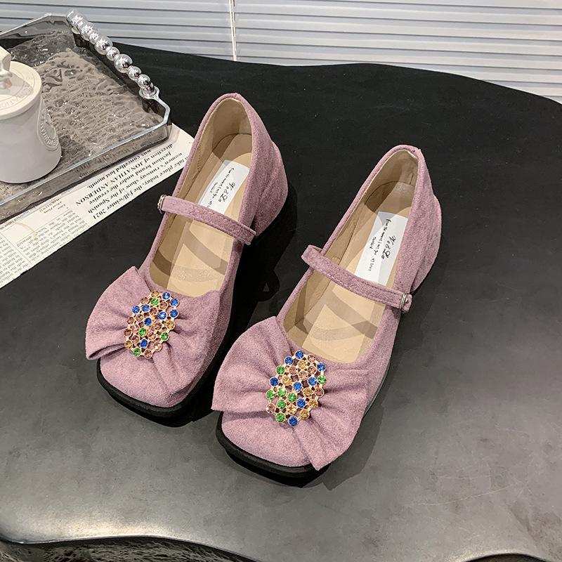 2025 Spring and Summer New Rhinestone Temperament Trendy Horseshoe Heel Square Head Fashionable Gentle Single Shoelace Lock