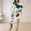 Women Plus Size Two Piece Pants Set Round Neck Long Sleeve Abstract Printed Top And Fitted Pants