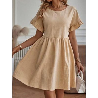 Elegantes Rundhals-Lockeres Baumwoll- und Leinen-Damenmodekleid