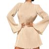 Women's Spring Elegant Pleated Long Sleeve Mini Dress, High Neck Bell Sleeve Slim Fit A-Line Casual Short Dress