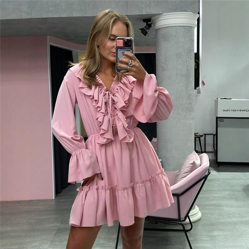 V Neck Dress Women's Summer Flared Sleeve Dress European And American Style Short Chiffon Dress