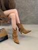 European and American Style New High-heeled Pointed-tipped Pleated Suede Piled Boots Metal Buckle Strap One-pedal Fashion Women's Boots Short Boots
