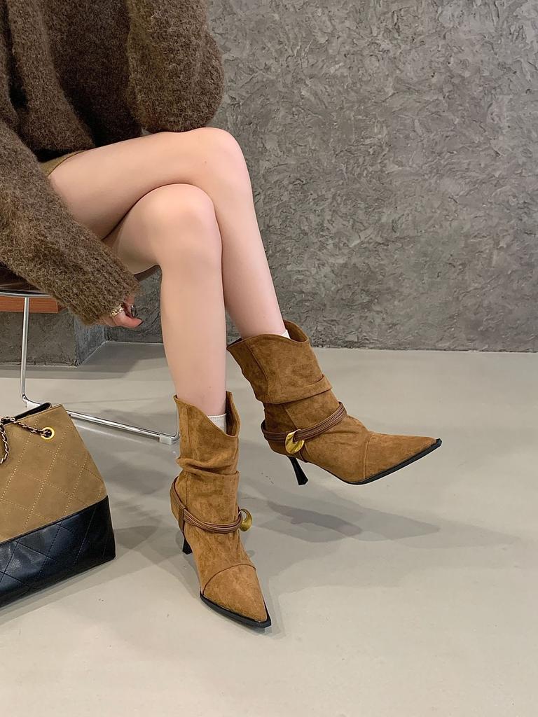 European and American Style New High-heeled Pointed-tipped Pleated Suede Piled Boots Metal Buckle Strap One-pedal Fashion Women's Boots Short Boots