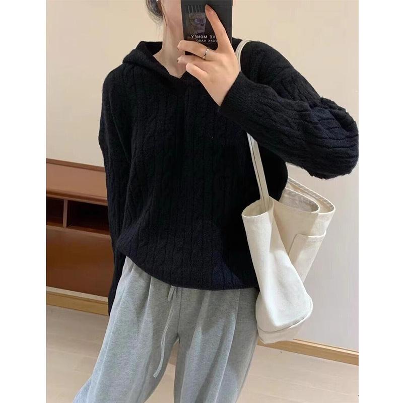Maglione morbido retrò a trecce con cappuccio da donna autunno-inverno ampio pigro antivento maglieria