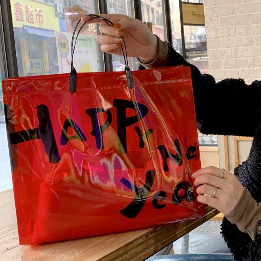 Packaging Bag New Year Red Gift Bag New Year Festive Transparent Shopping Bag Simple Girl
