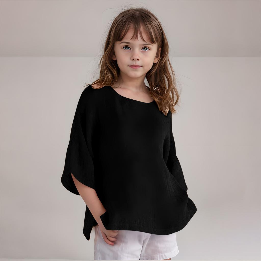 Kinder Baumwolle und Leinen Halbarm Rundhals T-Shirt Einfarbig Lässige Alltagsjacke