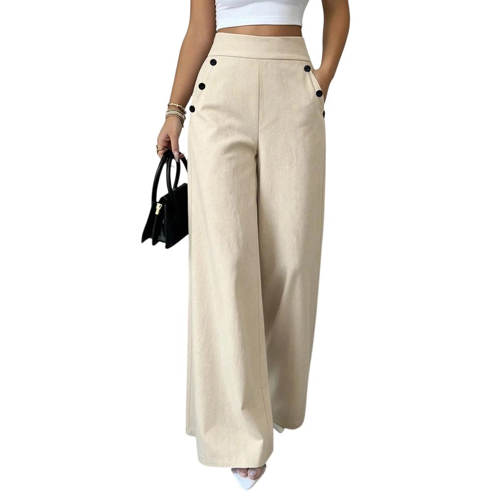 Women High Waist Wide Leg Pants Double Button Loose Fit Straight Leg Trousers Casual Style