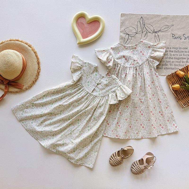 Summer Girls Floral Cotton Dress Sweet Round Neck Flutter Sleeve Princess Casual Dress For Kids