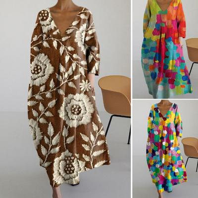 Women Summer Dress Long Sleeves Round Neck Oil Painting Print Bright Color Deep V Neck Loose Commute Vacation Beach Maxi Dress Daily Long Dress