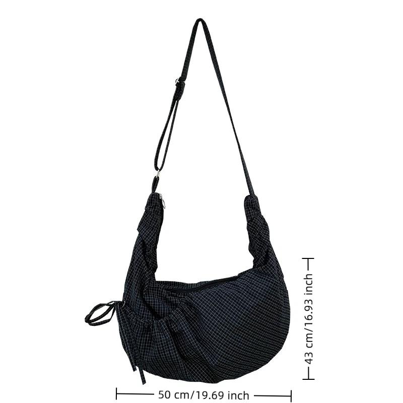 Retro Plaid Hobos Messenger Bags For Women Drawstring Pocket Nylon Dumpling Bag Large Capacity Portable Travel Shoulder Bags