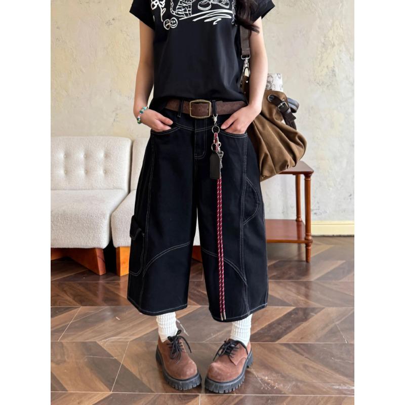 

Vintage deconstruction bright line multi-pocket tooling shorts men s and women s summer loose casual jeans S чёрный