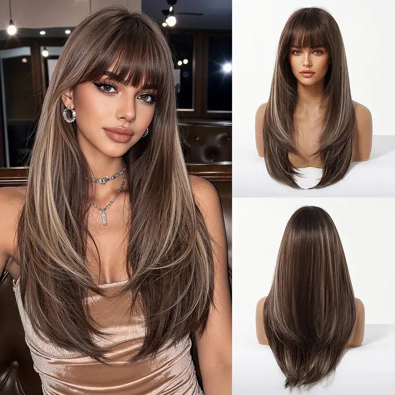 LOUIS FERRE Brown Base Blonde Highlights Medium Straight Layered Wig With Bangs Synthetic Hair Heat Resistant Women Daily Party