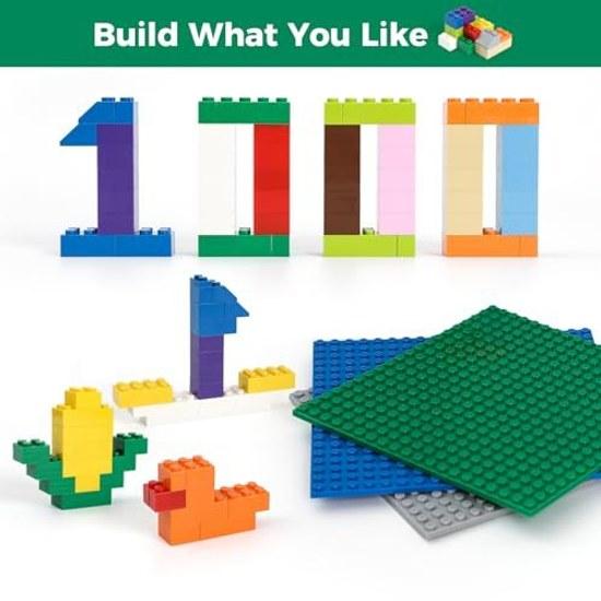 1000-piece classic block toy set compatible major brands includes three 20x20 base plates additional blocks expansion 10 colors 12 shapes suitable 6