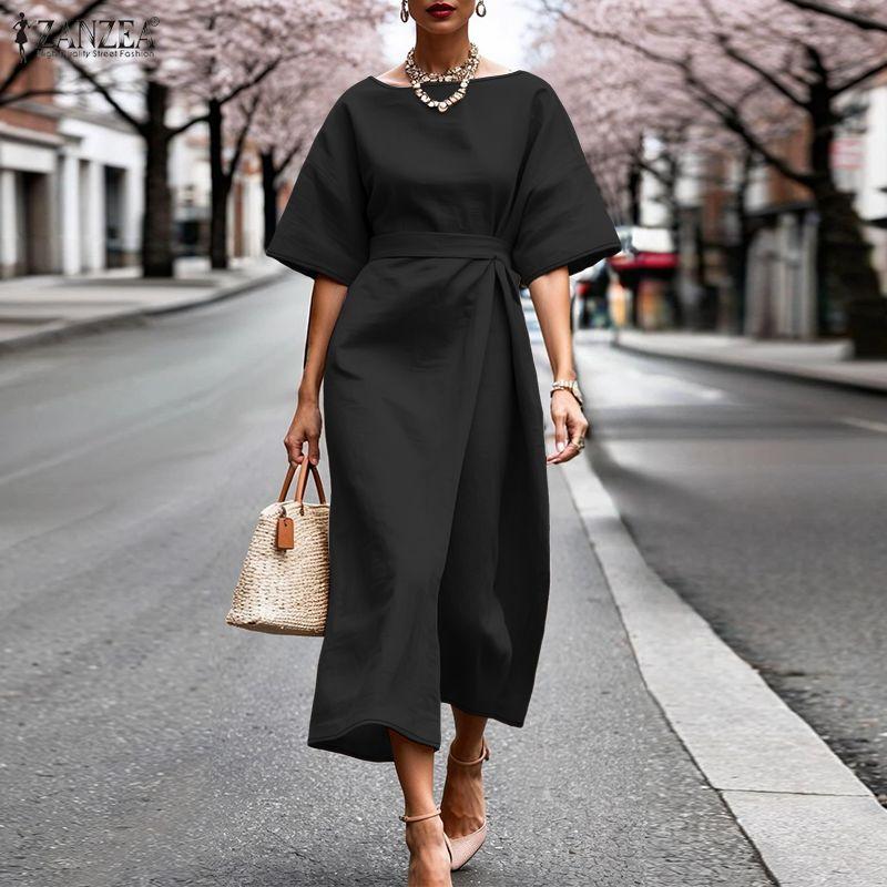ZANZEA Women Solid Color Casual Round Neck Loose Half Sleeve Dress