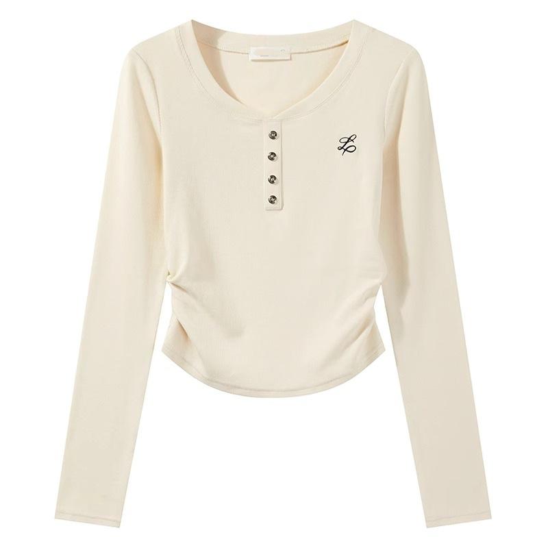 Milk Blue T-shirt Women's Bow Embroidered Bottoming Shirt Early Spring Card Waist Pinch Pleated Long Sleeve Inside Chic Top