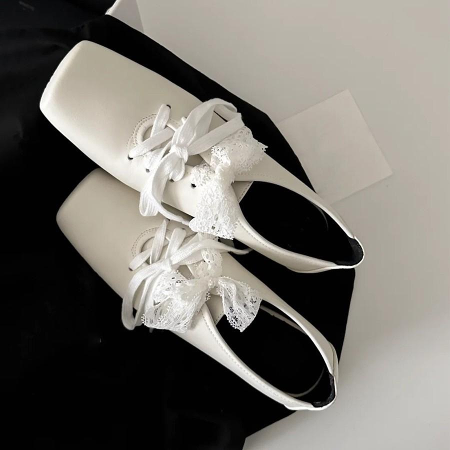 Sheepskin version~ Small person height increase 5cm thick heel ballet shoes women's fashion temperament square head bow lace-up single shoes