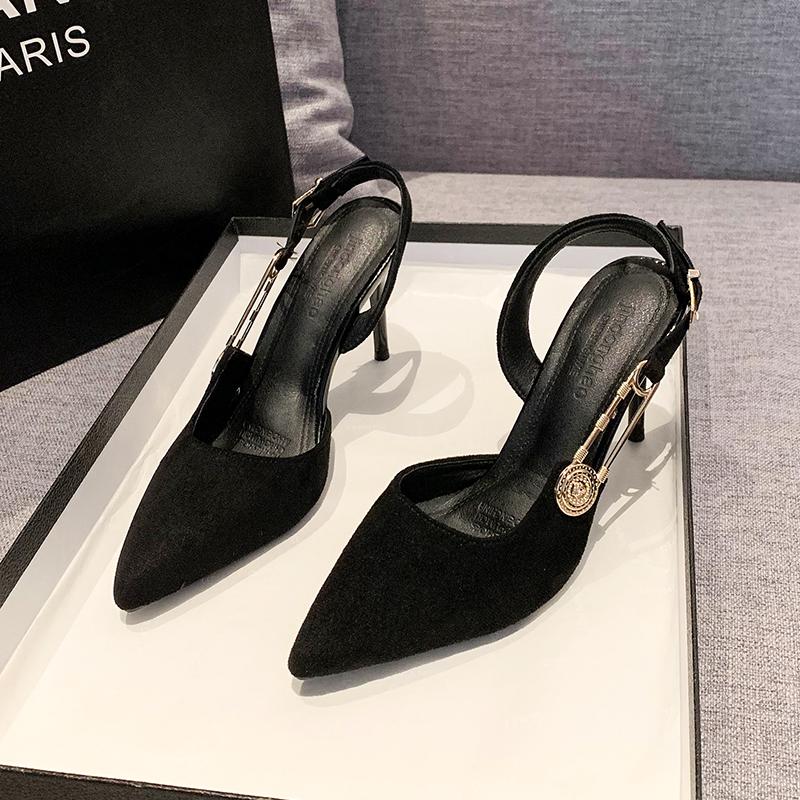 Fashion Baotou Sandals Women's Spring New Pointed Head Shallow Mouth Metal Buckle After Empty Stiletto Heels