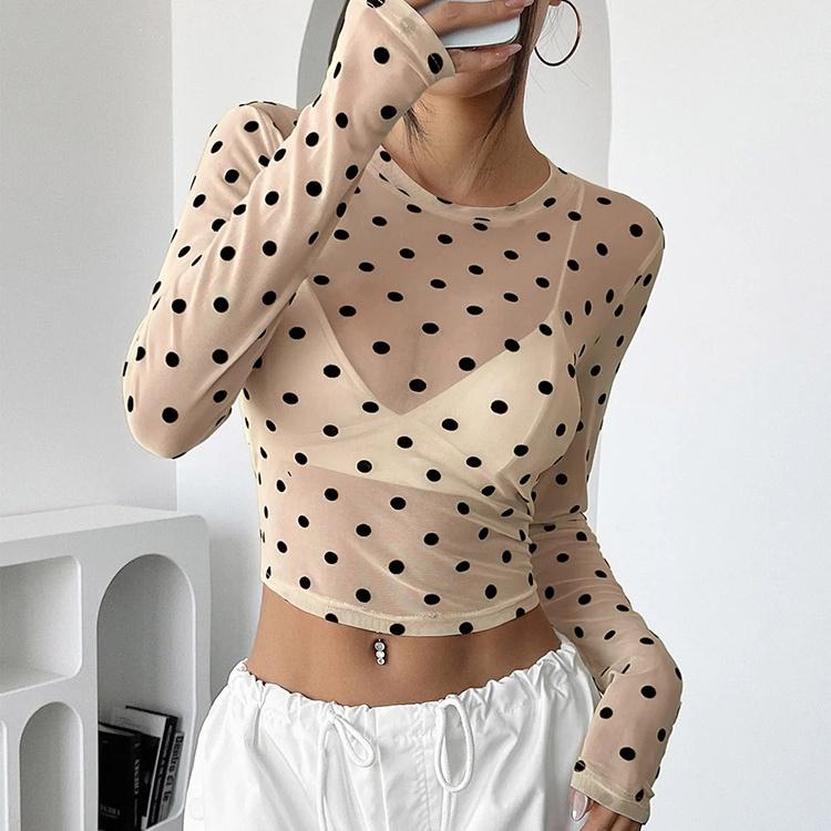 Womens Polka Dots Long Sleeve Mesh Tops Sexy See Through Sheer Blouses Shirts Going Out Crop Top Y2K Date Night Club Party Tops