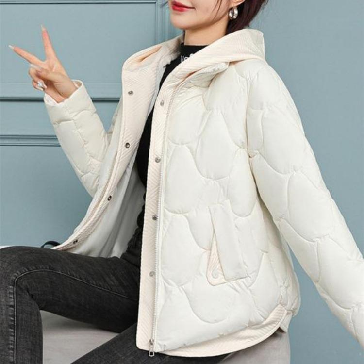 Winter Women Coat Short Thin Padded Hooded Turn Down Collar Pure Color Fake Two Piece Zipper Button Closure Down