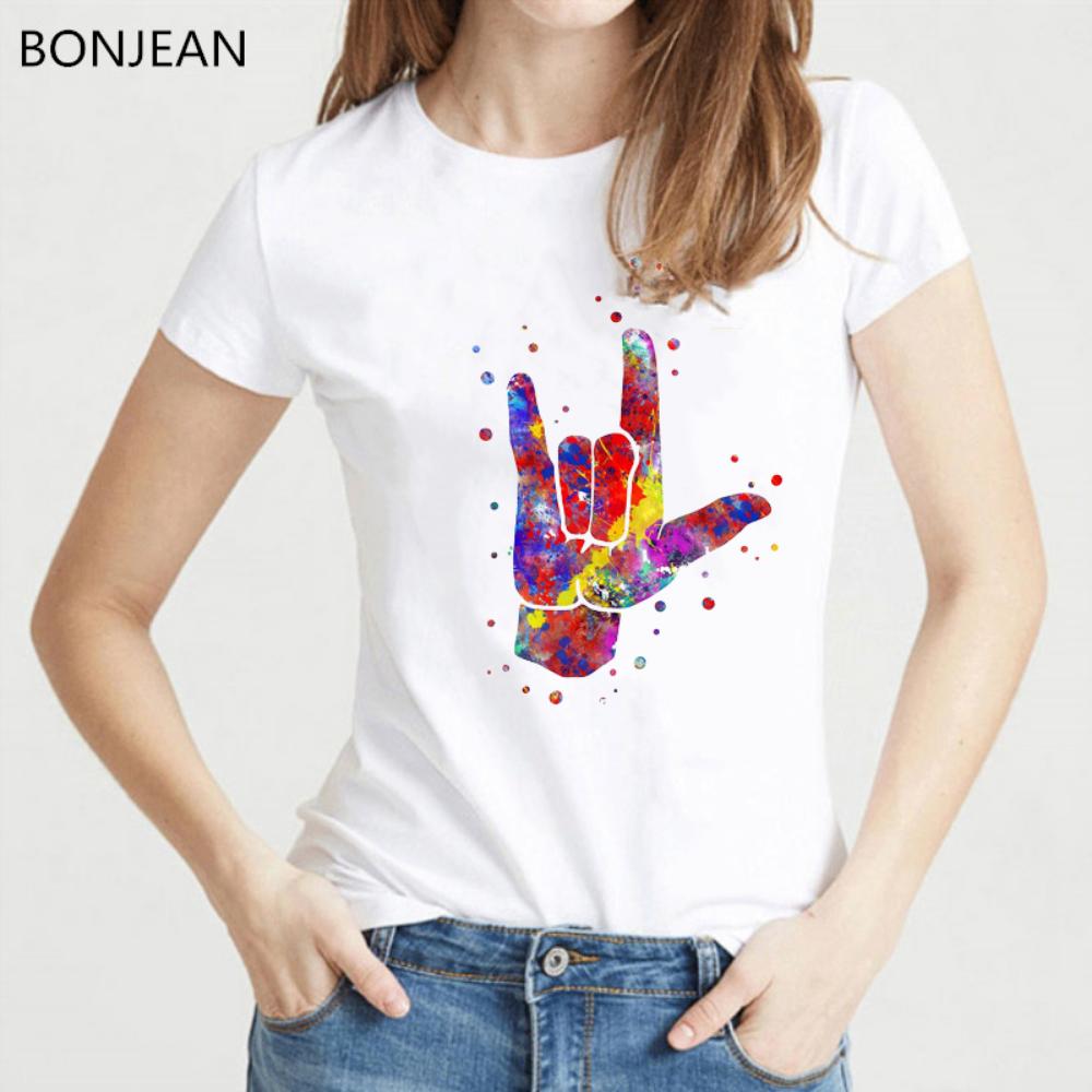New Summer Fashion Women T-Shirt Watercolor I Love You Asl Sign Language Print Tee Shirt Femme Funny Harajuku Tshirt Female M
