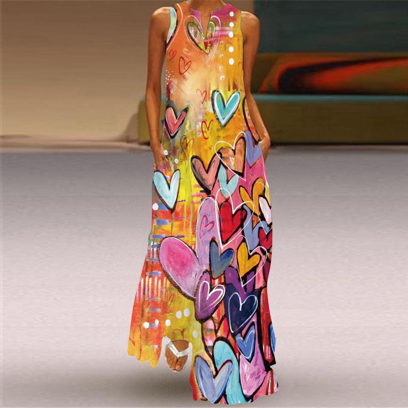 2026 V-Neck Retro Print Multi-color Sleeveless Summer Maxi Dress M