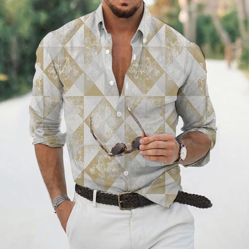 2025 Geometric Three-dimensional 3D Printed Casual Lapel Long-sleeved Shirt Spring and Autumn Men's Trendy Versatile Shirt for Men