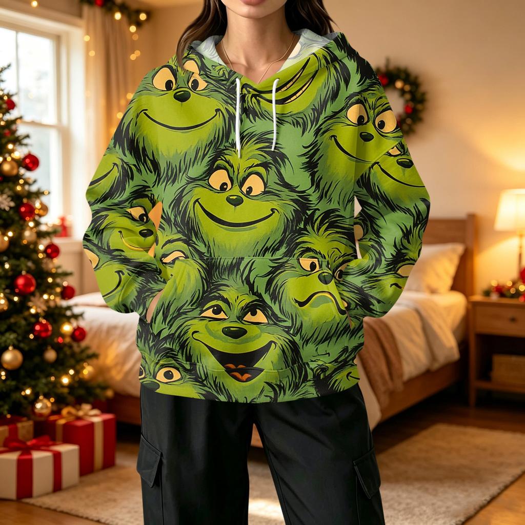 Women's Fashion Casual Christmas Print Hooded Sweatshirt with Pockets