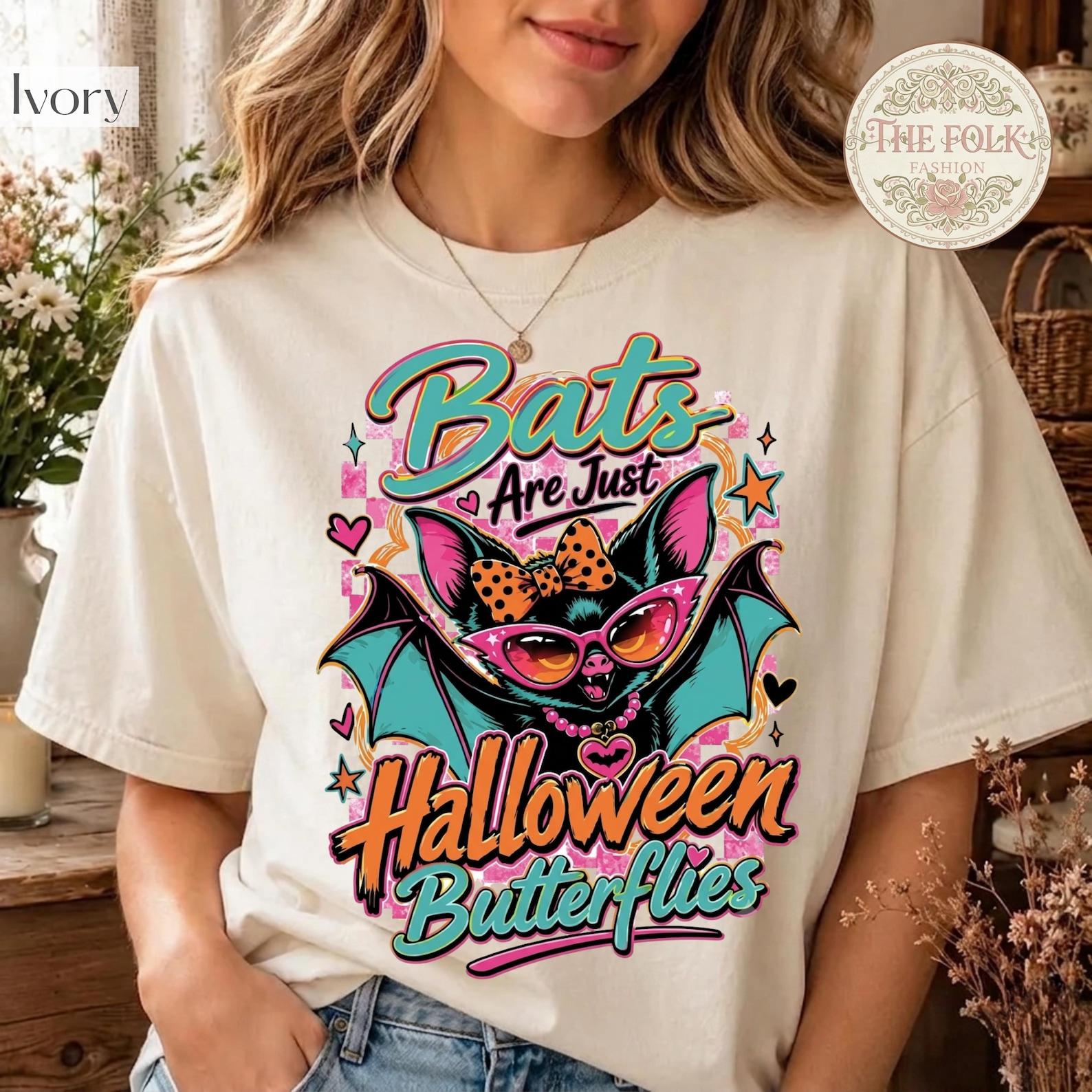 Bats Are Just Halloween Butterflies Shirt, Retro Halloween T-shirt, Cute Bat Graphic Tee, Pastel Goth Summer Tee, Spooky Season Tee S