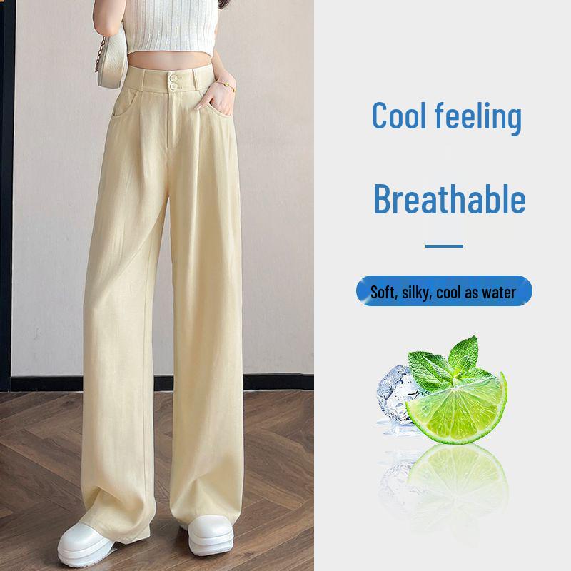 Women s High-Waisted Ice Silk Linen Wide-Leg Pants - Summer 2026 Short Casual Tencel Straight-Leg S (Below 95 Jin)