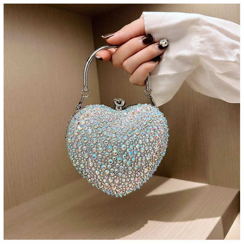 Luxury Diamond Heart Shape Clutch Evening Bag Shiny Crystal Handbag Wedding Dress Party Top-Handle Shoulder Bag Rhinestone