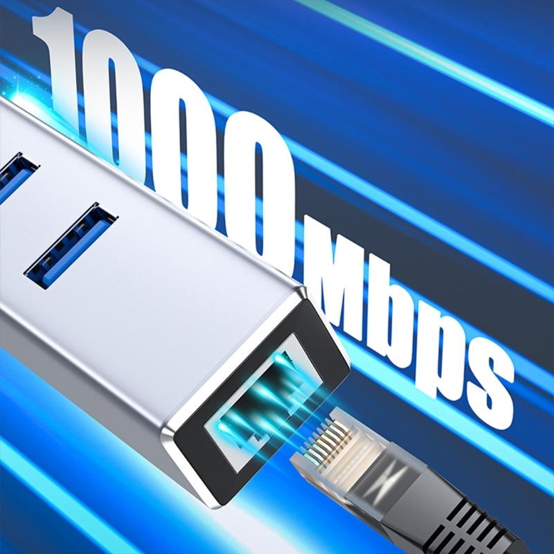 Aluminum Alloy USB C to RJ45 Networking Adapter With USB A Port And 3 USB Hubs Fast Speed 1000Mbps Ethernet Connection