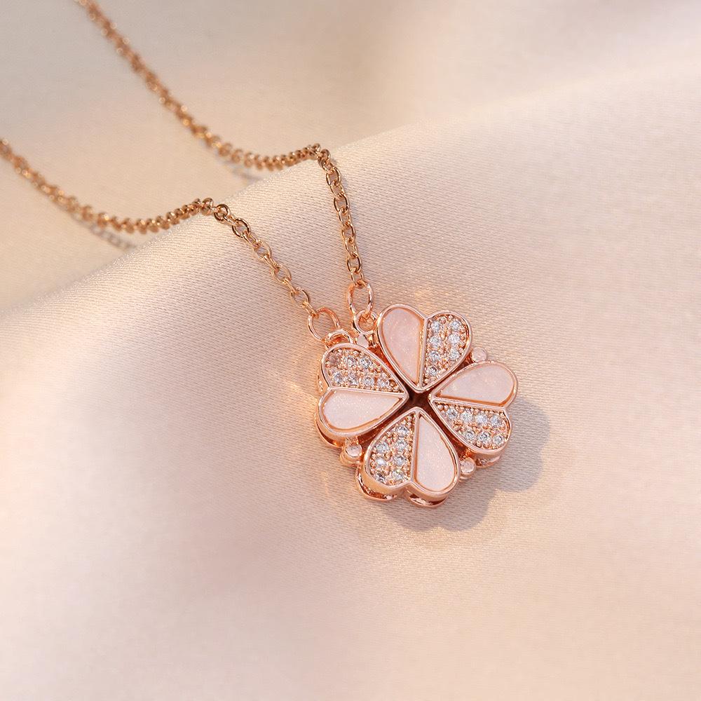 Women's Japanese Korean Folding Fashion Two-Wearing Four-Leaf Flower Heart-to-Heart Clavicle Necklace Zircon Copper Water-Wave