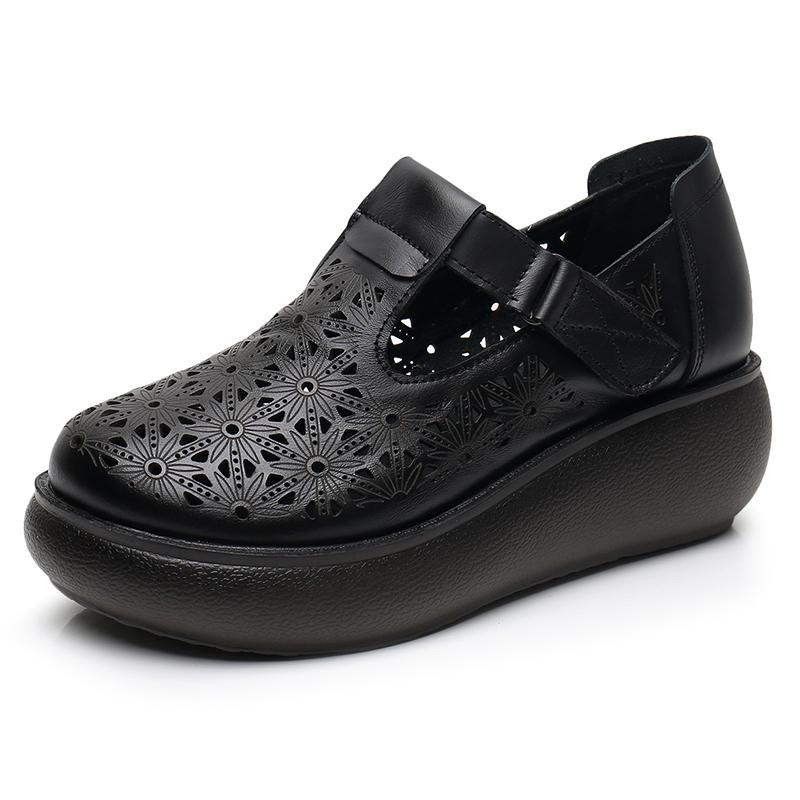 Fashion GKTINOO 2025 Spring Summer Hollow Genuine Leather Shoes Sandals Platform Increase Shoes Wedges High Heels Large Size Women Shoes