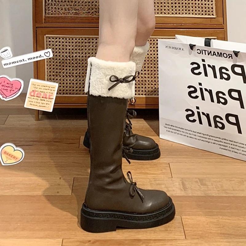 Autumn Winter Short Plush Woman Knee High Boot Fashion Butterfly-knot Knight Long Booties Thick Bottom Botas Feminino