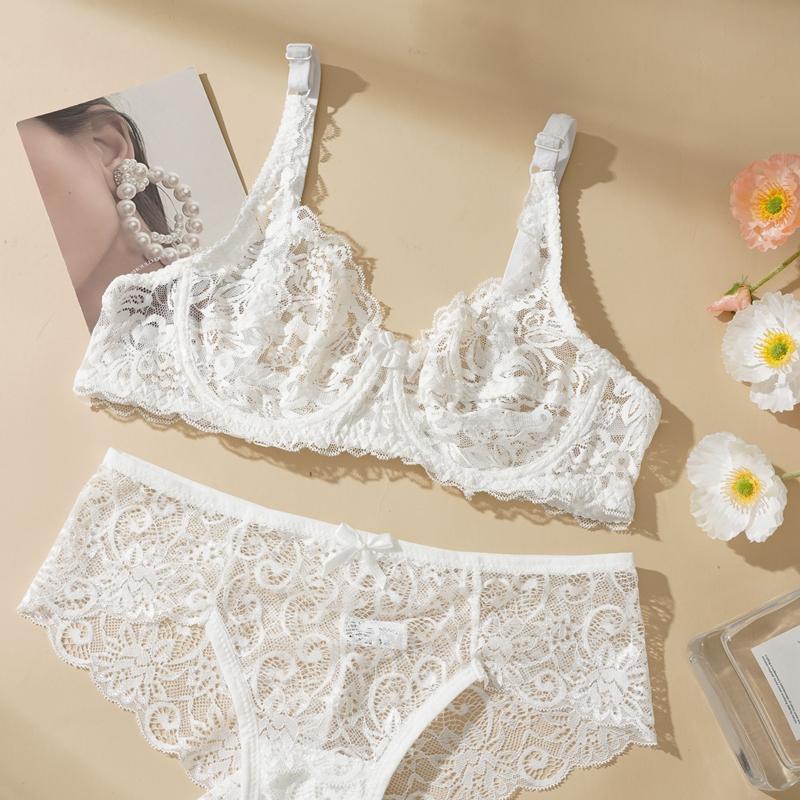 Women's Hollow Non-Padded Underwire Bra Sets 2PCS Sexy Ultra-Thin Lace Push Up Bra Panty Set for Women