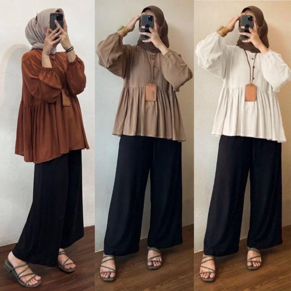 

Loose Muslim Blouse Ruffle Bottoming Shirts Chic Large Size Pullovers Female чорний