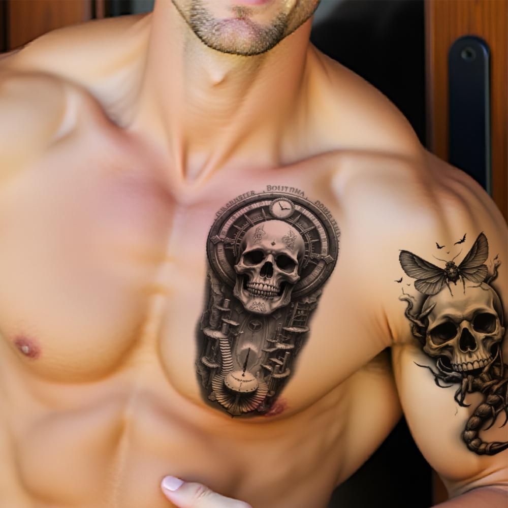 3 Stück Temporäre Tattoos Realistische Temporäre Tattoos Skelettkauz Schädel Mit Schlange Mechanischer Schädel Für Oberschenkel Arme Frauen