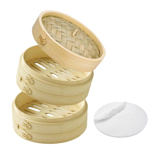 Our proprietary, in-house developed bamboo steamer with a slatted base, 18cm, two-tier steamer, lid, and 20 sheets of special steamer paper included.