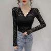 Camisa de encaje con escote en V para mujer, nueva blusa sexy de manga larga con escote estilo occidental para primavera y otoño
