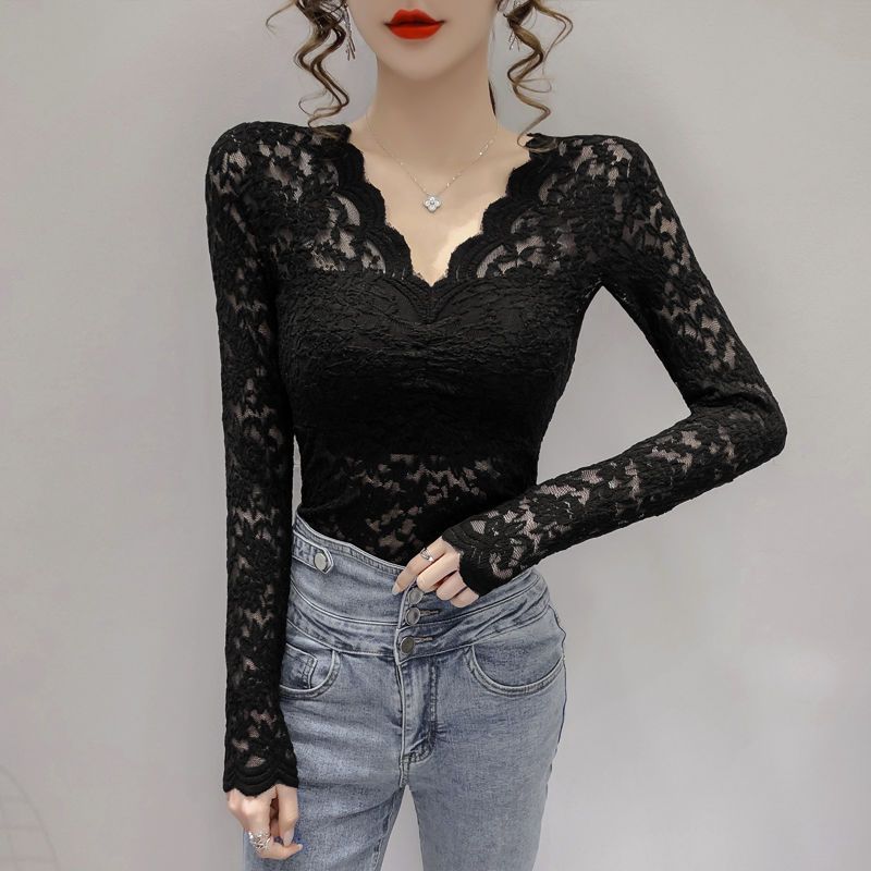 Camisa de encaje con escote en V para mujer, nueva blusa sexy de manga larga con escote estilo occidental para primavera y otoño