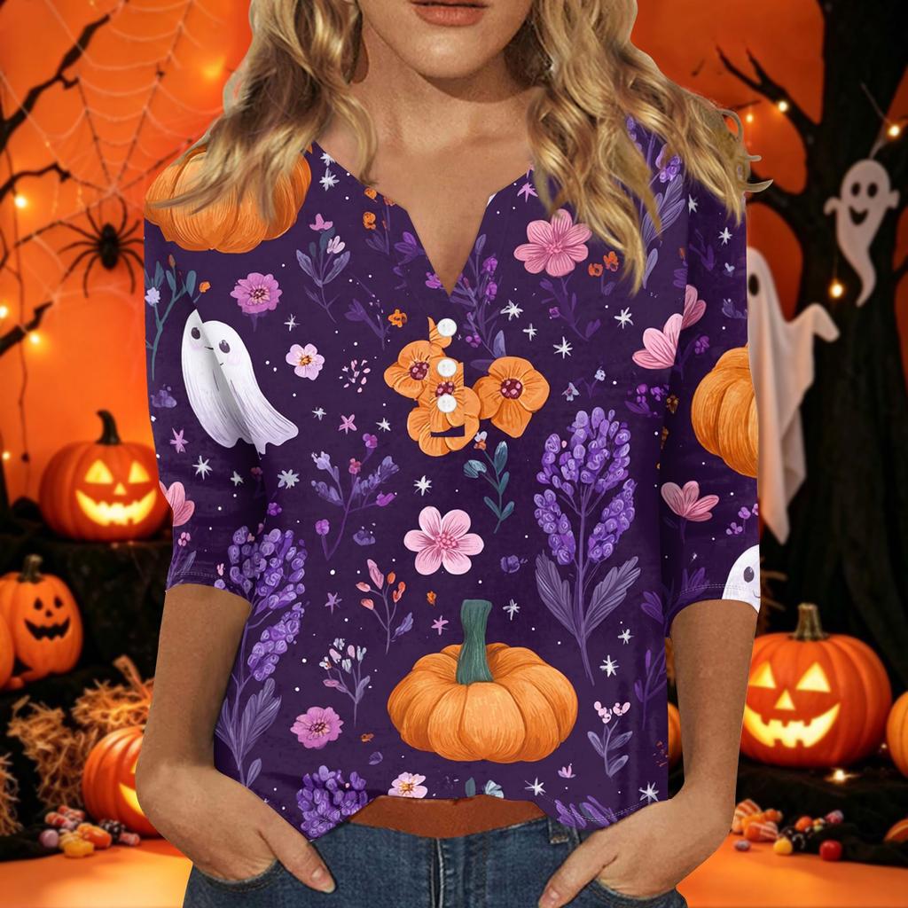 Women's Halloween Print V-Neck Short Sleeve T-Shirt with Decorative Buttons for Casual Fall Outfits