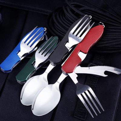 4 in 1 Multifunktions-Outdoor-Geschirr Edelstahl Faltbare Gabel Löffel Messer Picknick Camping Wandern Reisen Geschirr