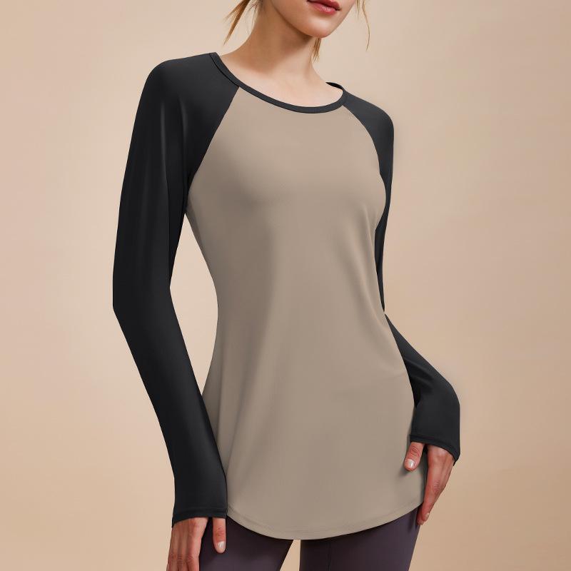 

Женский дышащий топ для йоги с длинным рукавом и цветными блоками - Весенне-летний фитнес, Пилатес, Футболка для бега Large