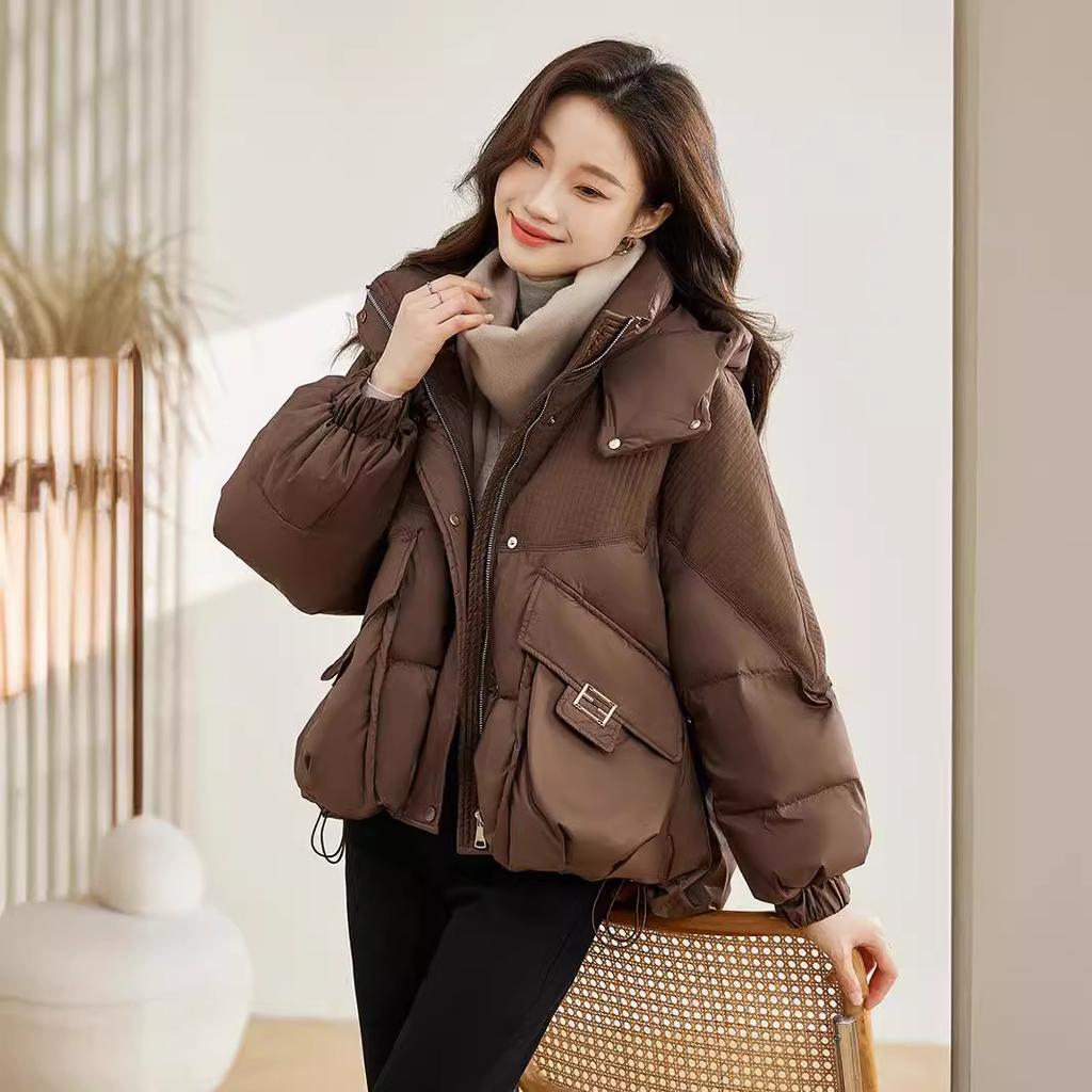 Hiver Femmes Petit Court Épaissi Ample Vêtements Rembourrés en Coton Vêtements Rembourrés en Coton Veste à Capuche Chaude et Tendance