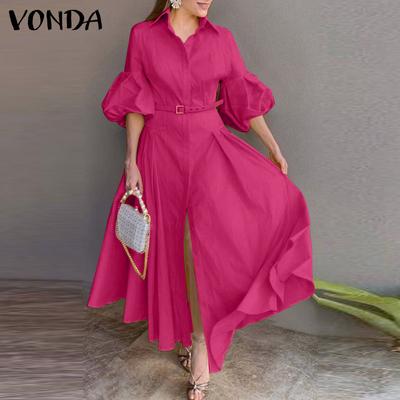 Sommer Damen Hemdkragen Puffärmel Taille Sammeln Knopf Halb Split Lange Freizeitkleider
